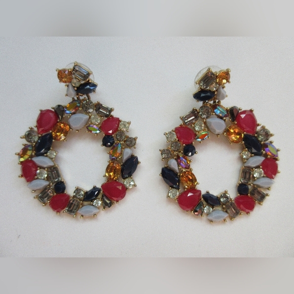 J. Crew Earrings Floral Wreath Gemstones Jewel Dark Peony Red - Picture 3 of 7
